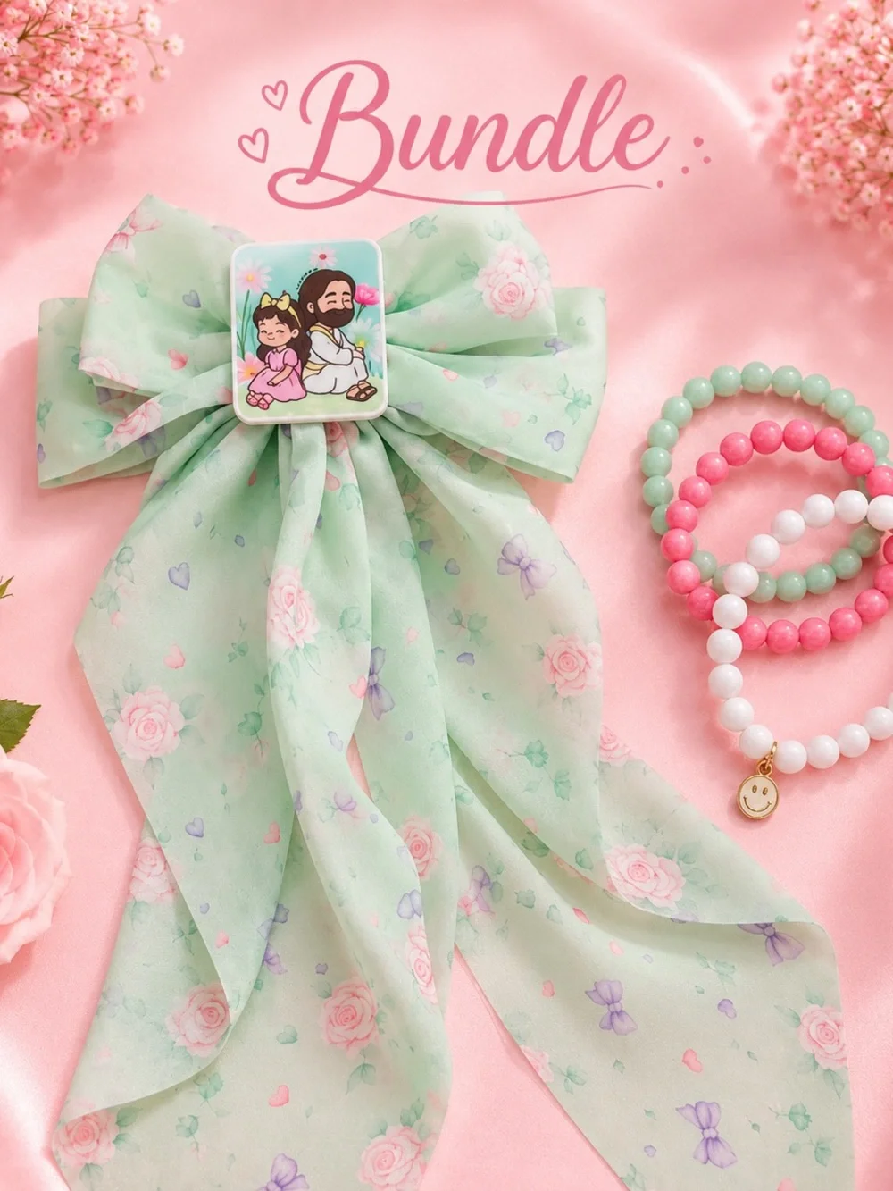 Mint Floral Bow Hair Clip with Character Center - Kids Accessories